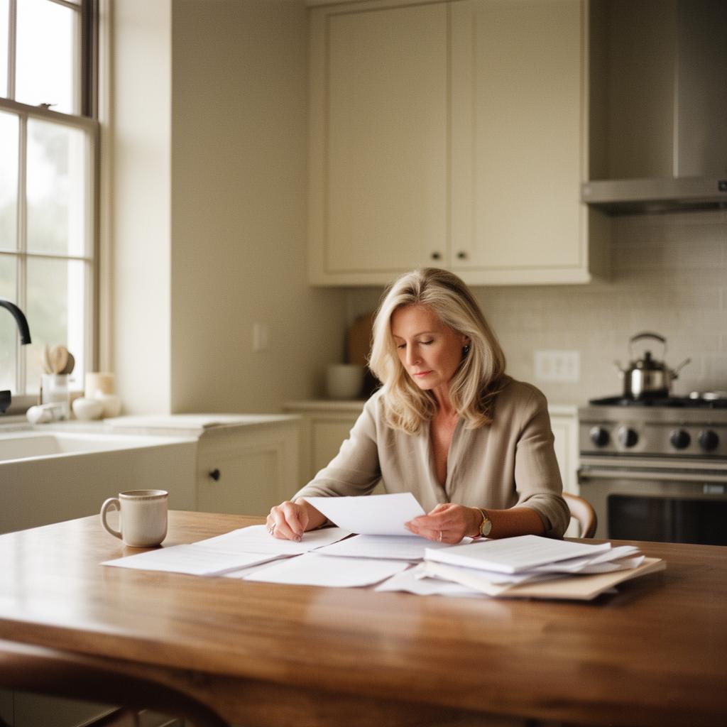 Homeowner thoughtfully reviewing paperwork at a sunlit kitchen table